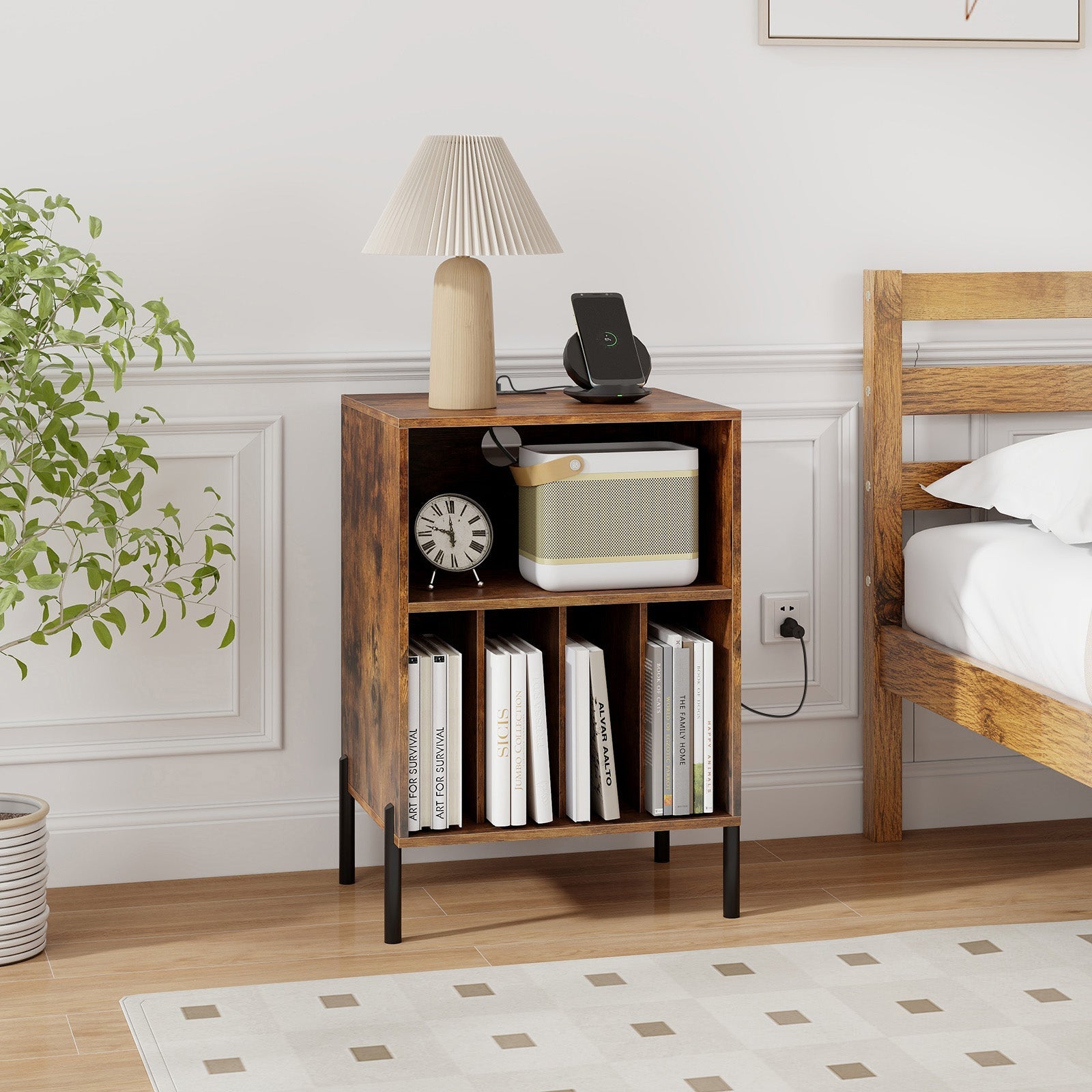 Record Player Stand with Record Storage Shelf and Charging Station