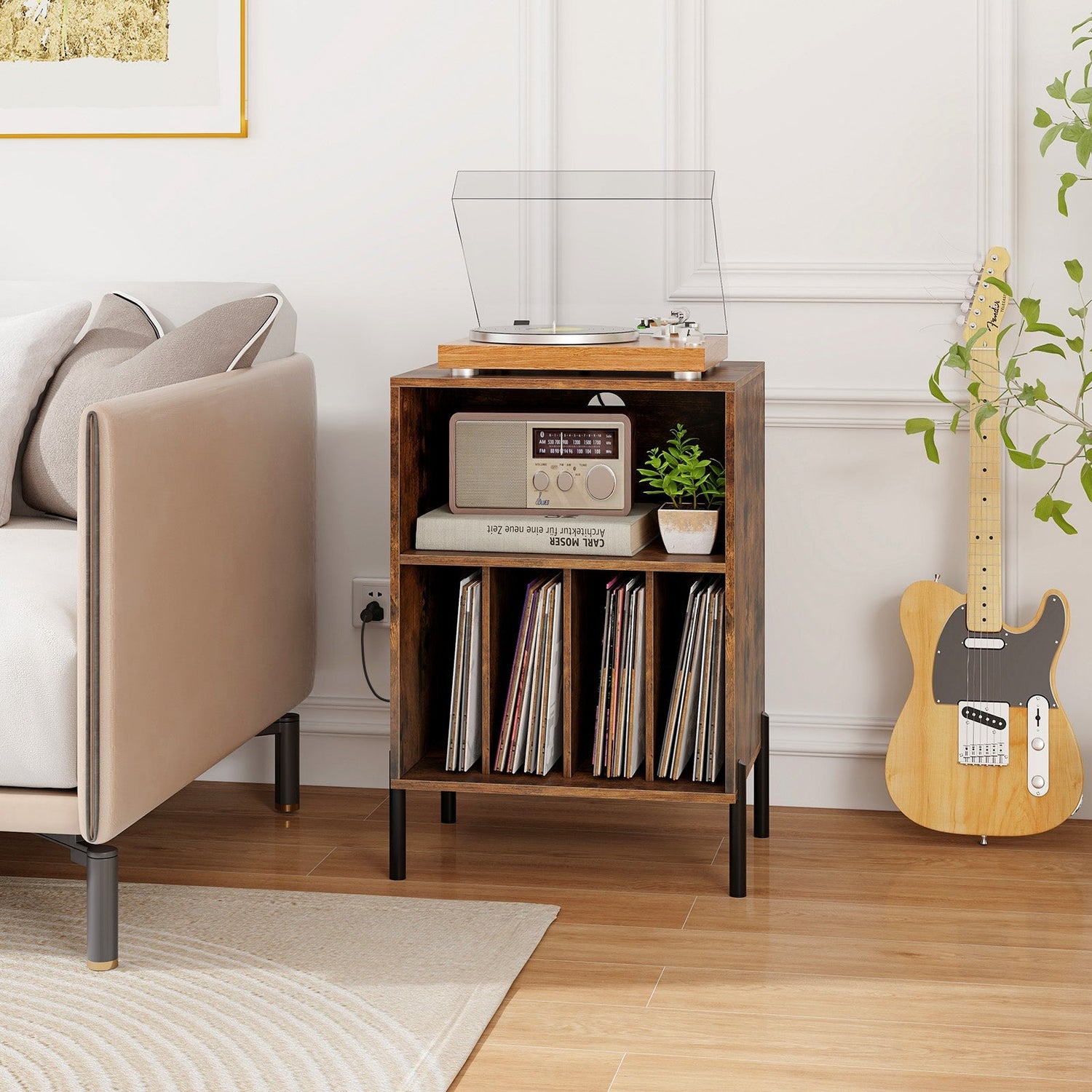 Record Player Stand with Record Storage Shelf and Charging Station