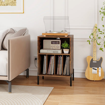 Record Player Stand with Record Storage Shelf and Charging Station