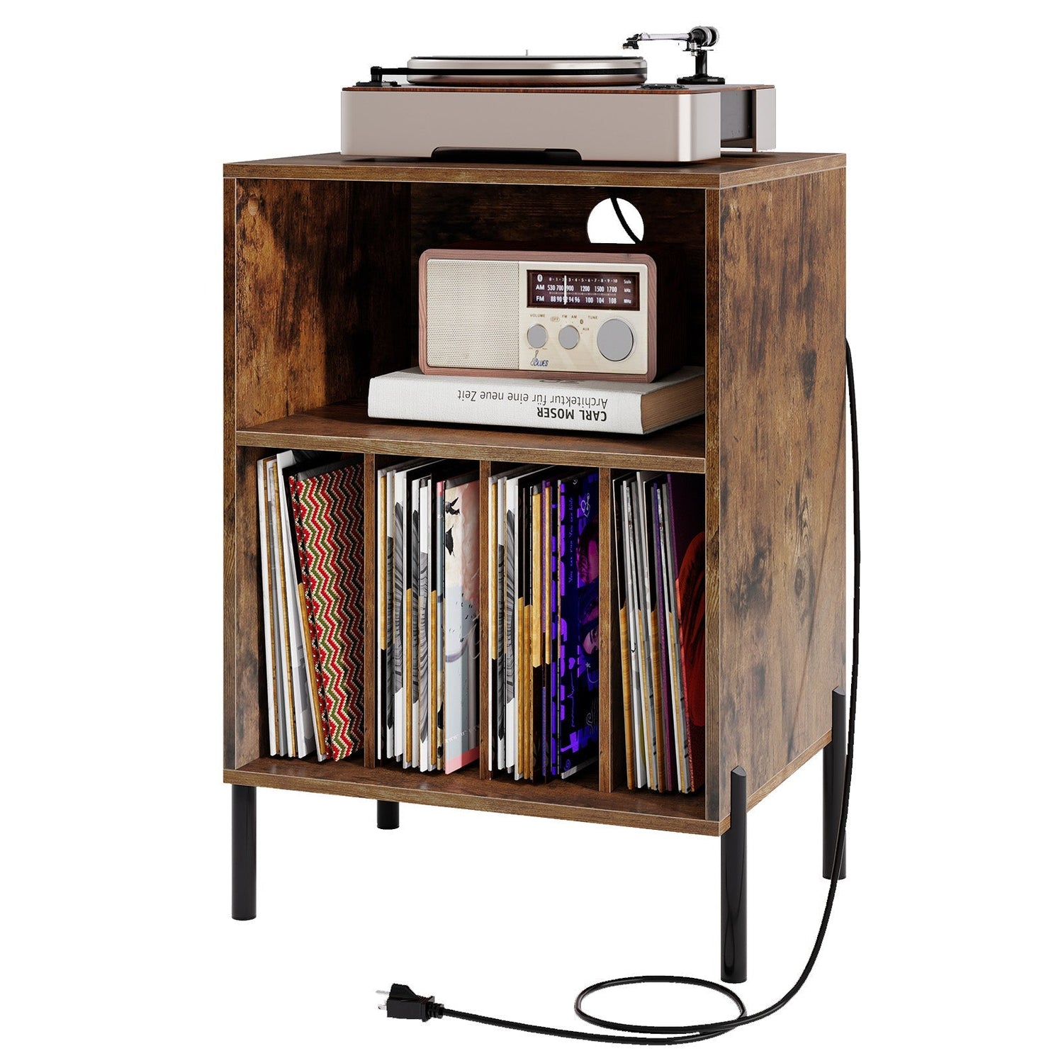 Record Player Stand with Record Storage Shelf and Charging Station