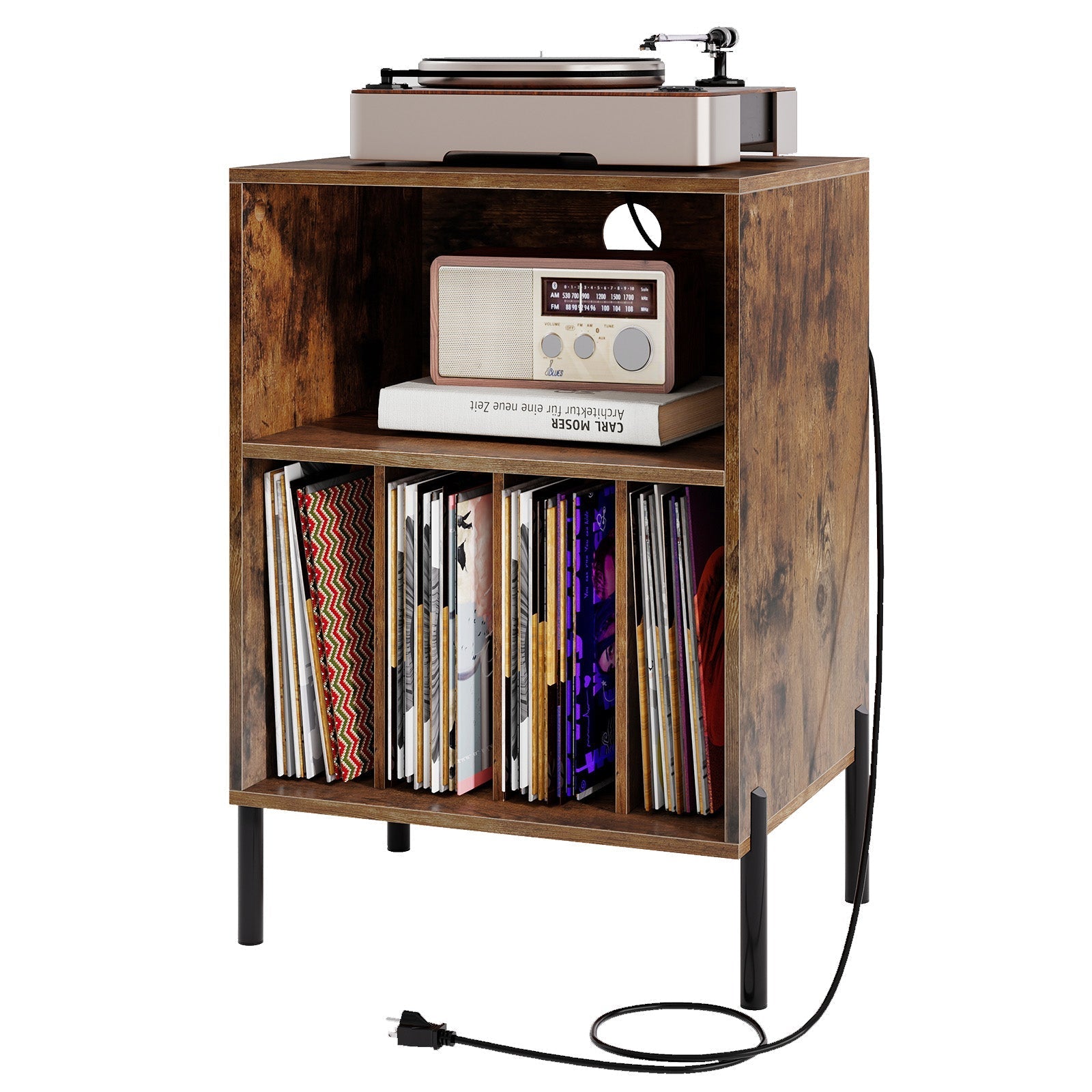 Record Player Stand with Record Storage Shelf and Charging Station