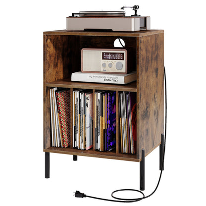 Record Player Stand with Record Storage Shelf and Charging Station