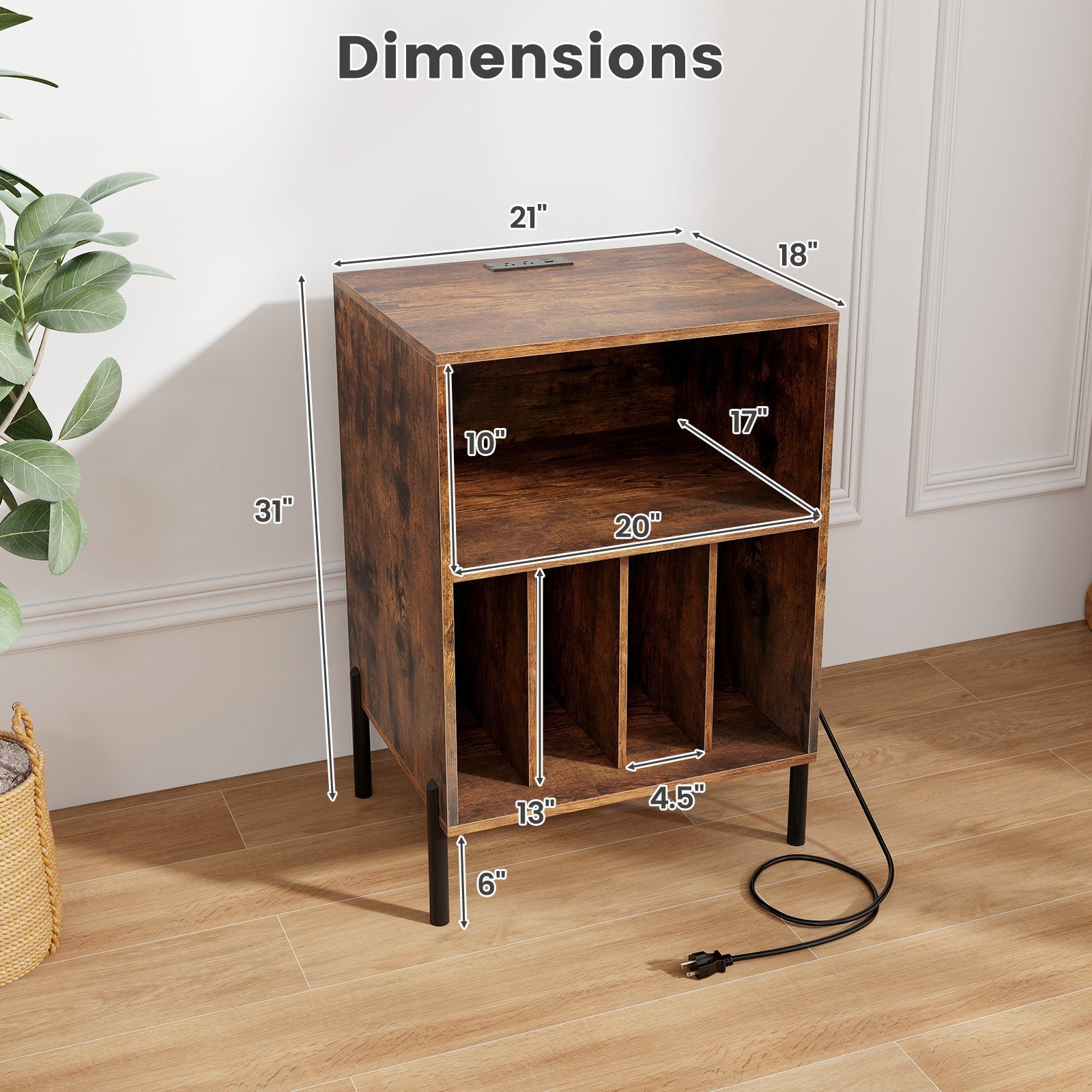 Record Player Stand with Record Storage Shelf and Charging Station