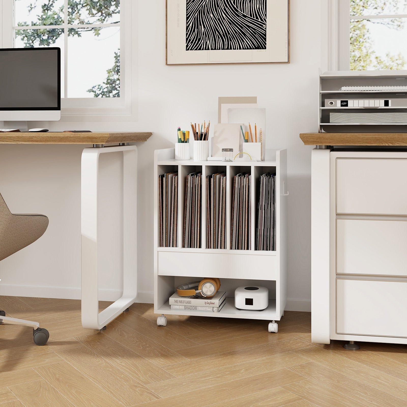 Record Rolling Turntable Player Stand with Drawer