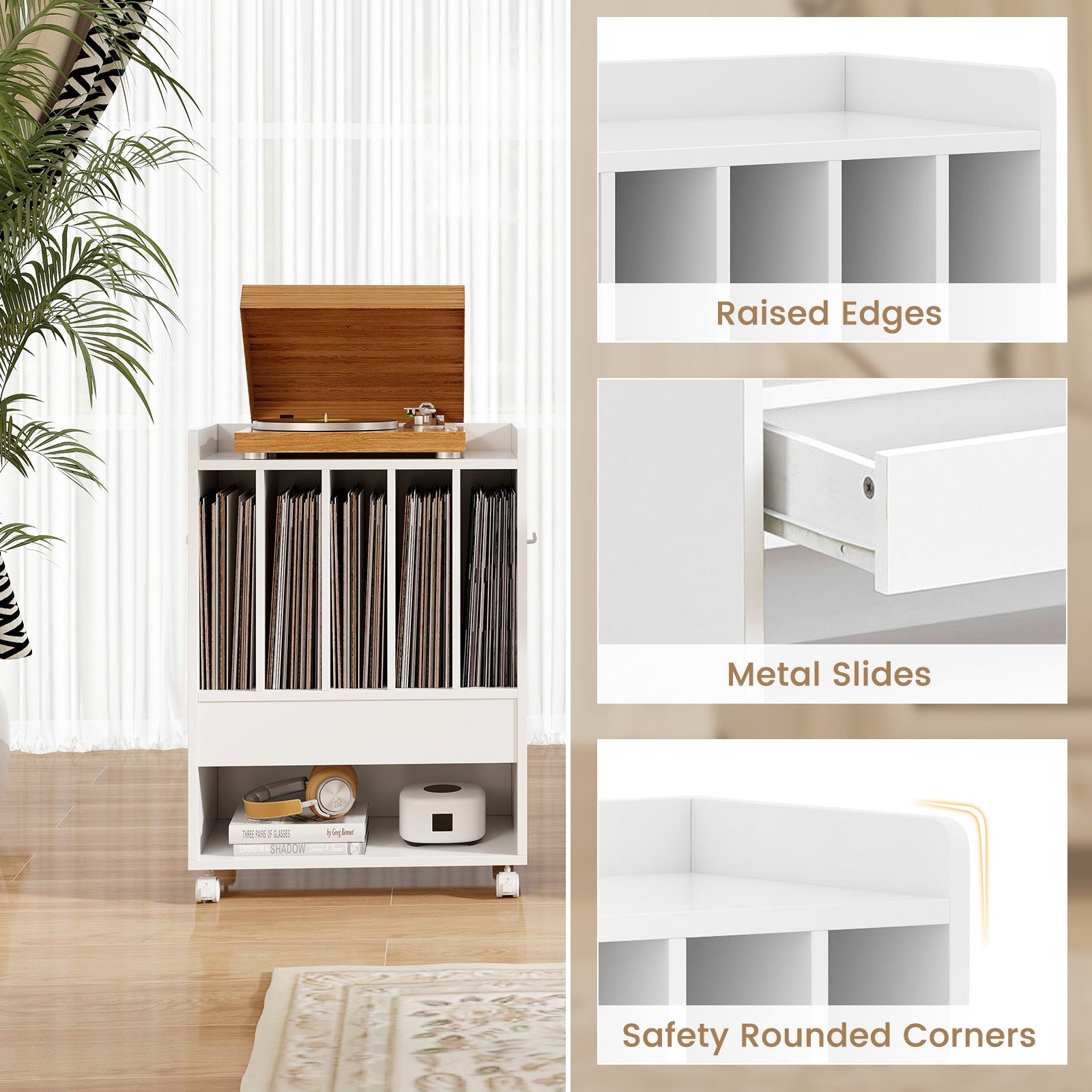 Record Rolling Turntable Player Stand with Drawer