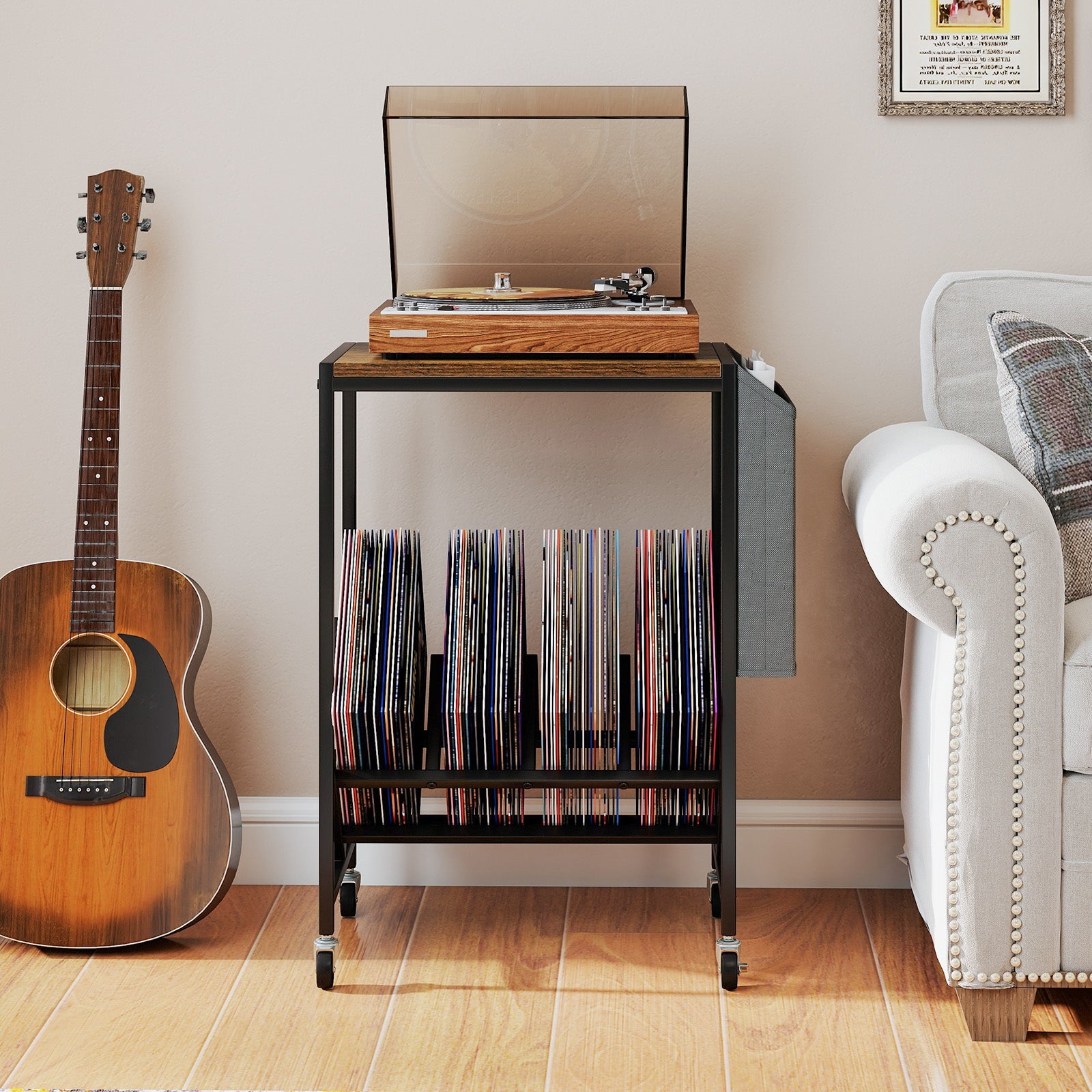 Rolling Record Player Stand 2-Tier with Vinyl Storage and Magazine Holder Bag