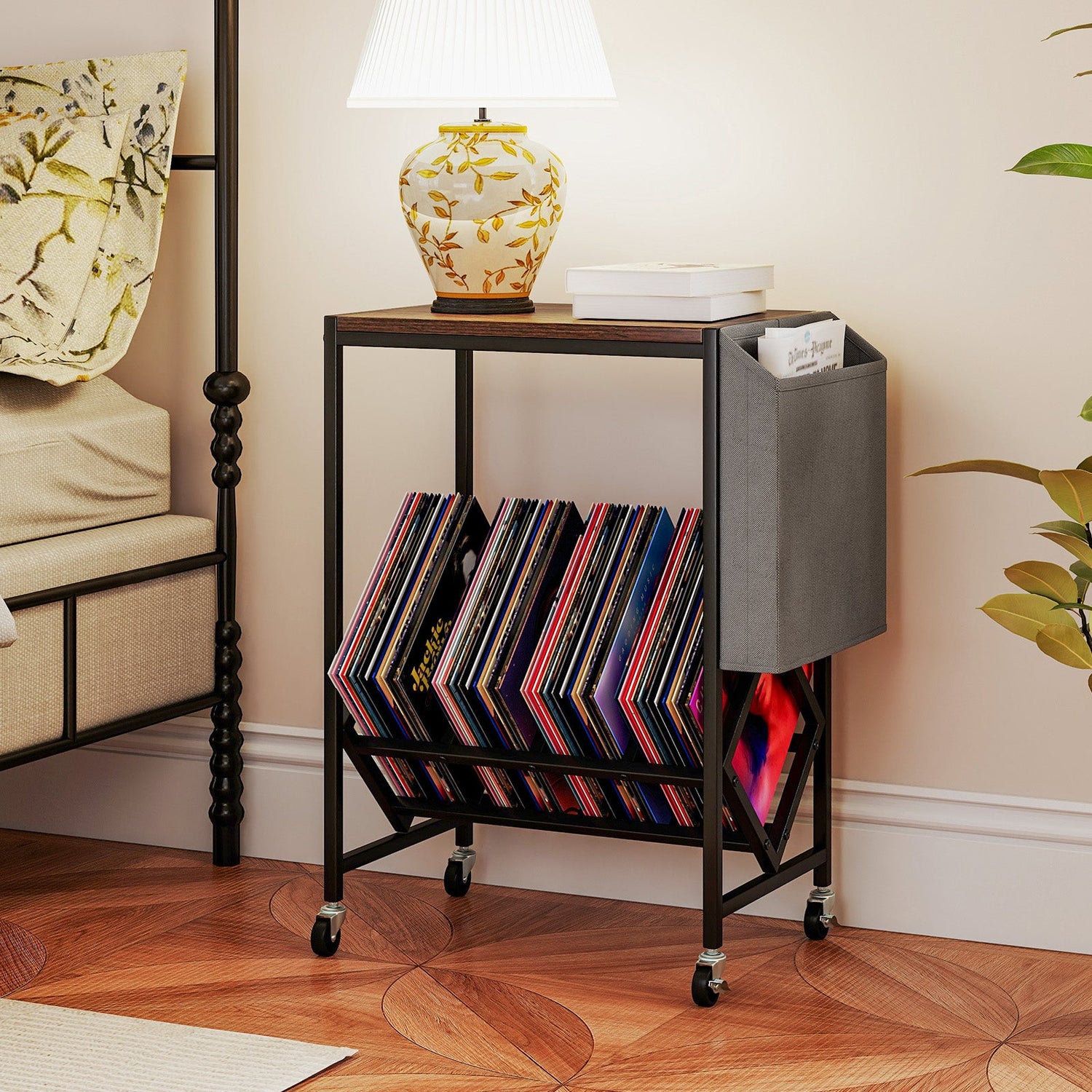 Rolling Record Player Stand 2-Tier with Vinyl Storage and Magazine Holder Bag