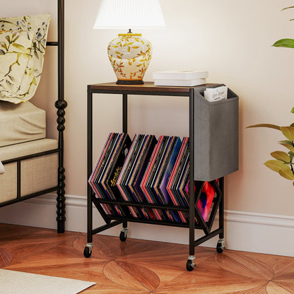 Rolling Record Player Stand 2-Tier with Vinyl Storage and Magazine Holder Bag