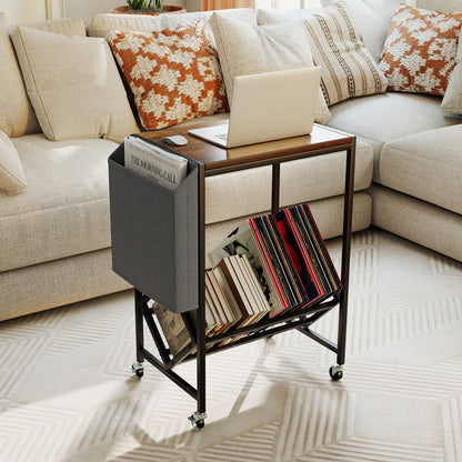 Rolling Record Player Stand 2-Tier with Vinyl Storage and Magazine Holder Bag