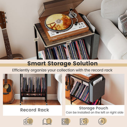 Rolling Record Player Stand 2-Tier with Vinyl Storage and Magazine Holder Bag