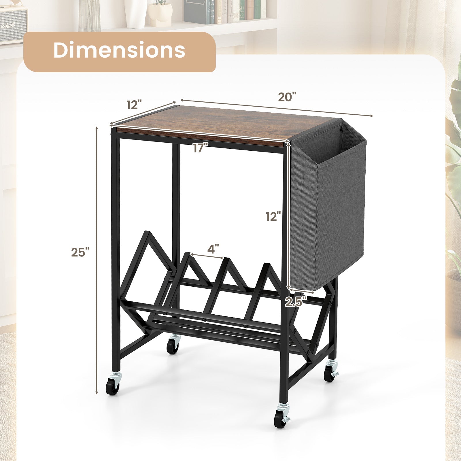 Rolling Record Player Stand 2-Tier with Vinyl Storage and Magazine Holder Bag