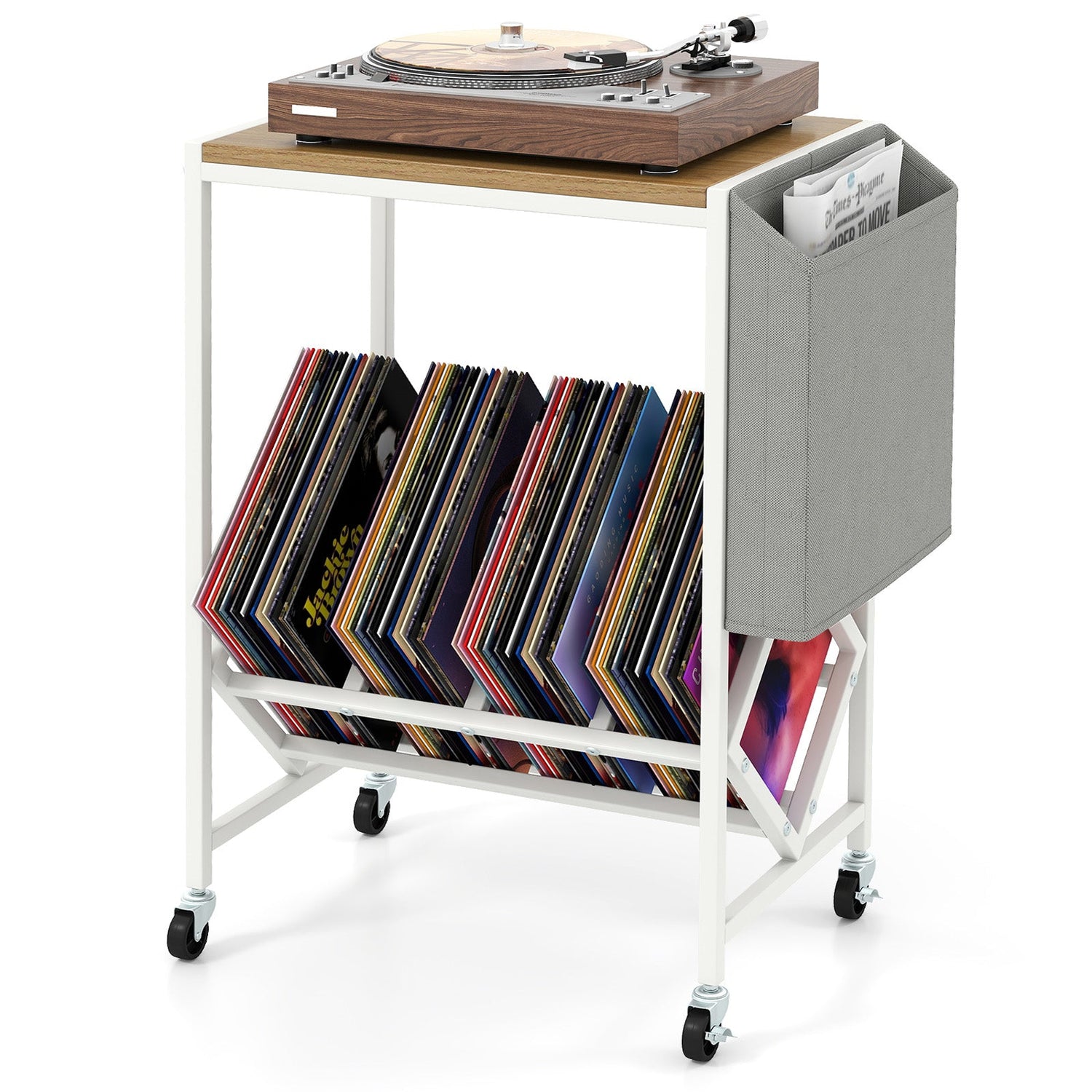 Rolling Record Player Stand 2-Tier with Vinyl Storage and Magazine Holder Bag