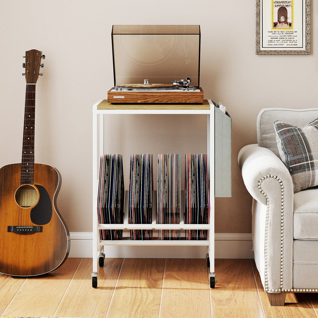 Rolling Record Player Stand 2-Tier with Vinyl Storage and Magazine Holder Bag
