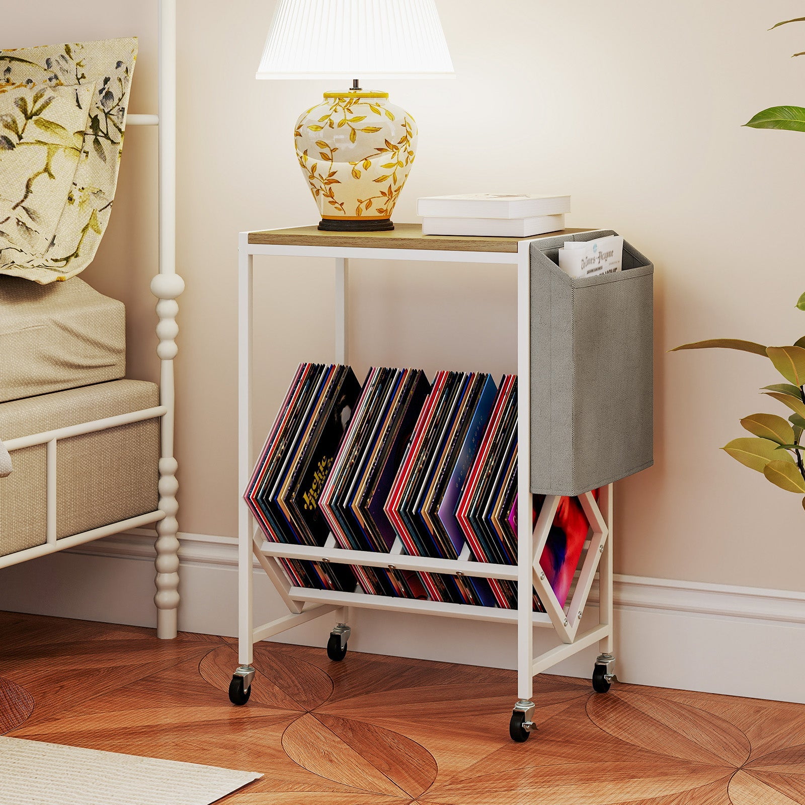 Rolling Record Player Stand 2-Tier with Vinyl Storage and Magazine Holder Bag
