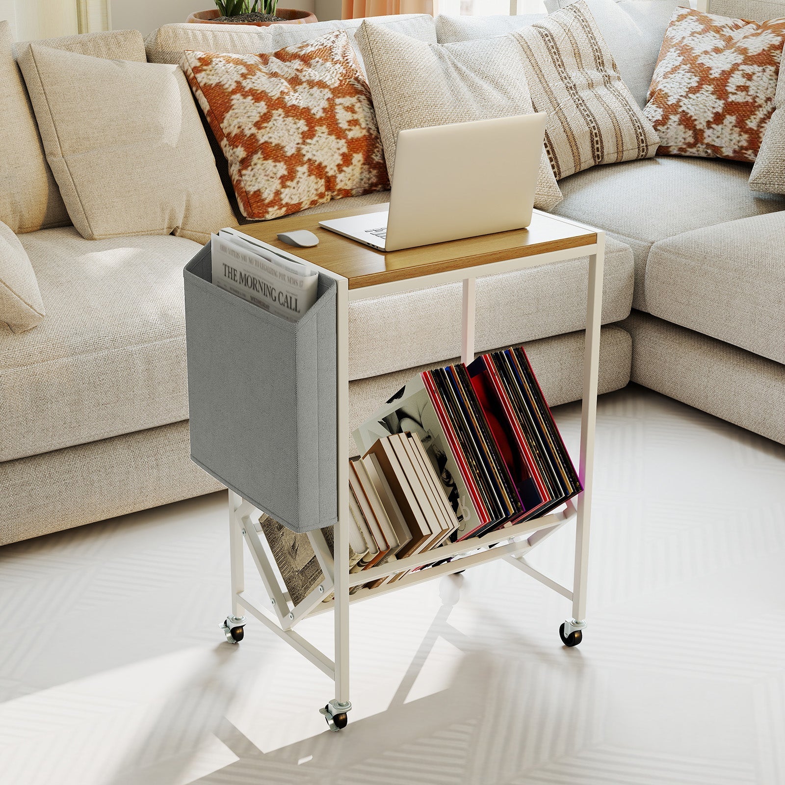 Rolling Record Player Stand 2-Tier with Vinyl Storage and Magazine Holder Bag
