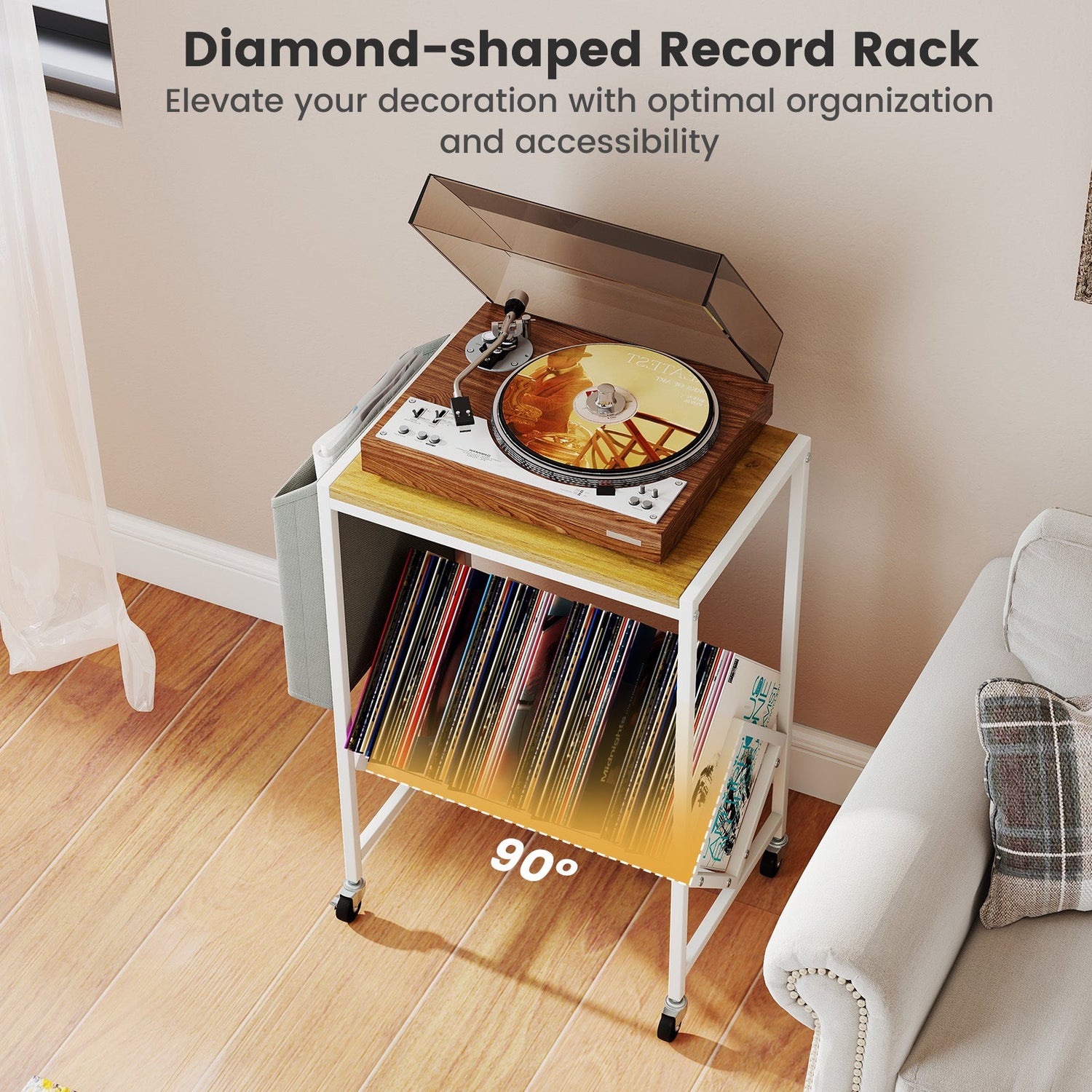 Rolling Record Player Stand 2-Tier with Vinyl Storage and Magazine Holder Bag