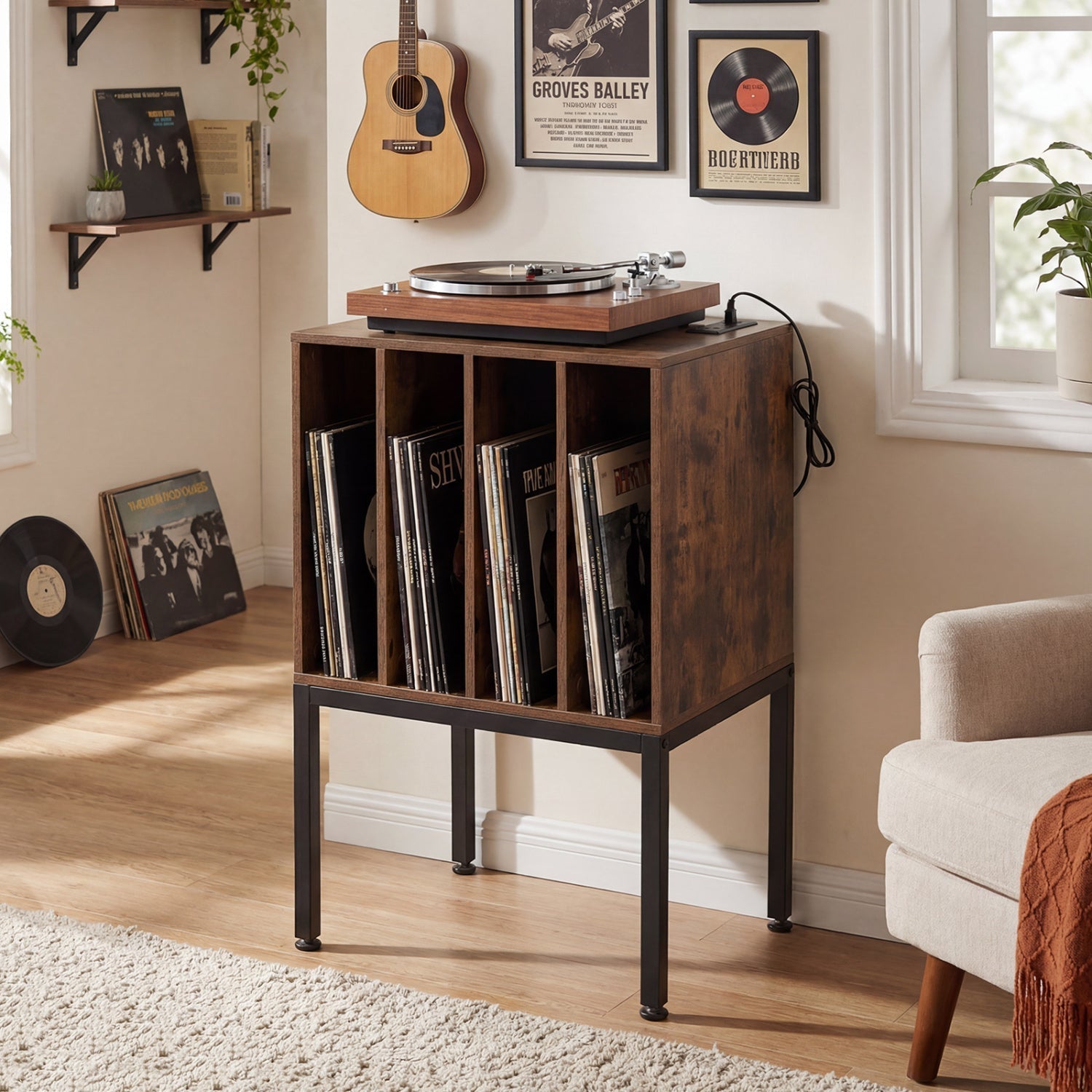 Turntable Record Player Stand with Power Outlets